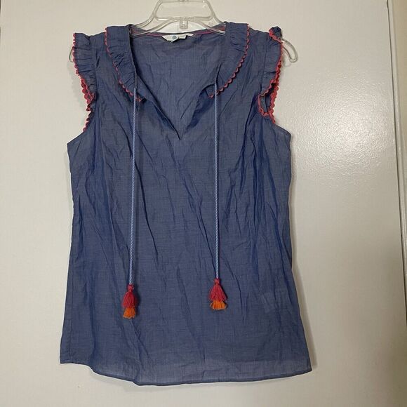 BODEN Laurie Sleeveless ruffle hem blue cotton blouse top size US 6 - Picture 2 of 5